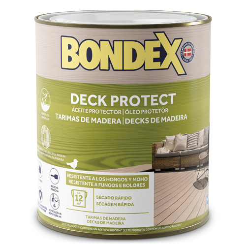 Deck é um produto de base sintética, com óleos especiais e resinas alquídicas. Penetra em profundidade, nutrindo a madeira e protegendo-a dos raios UV. Especialmente concebido para a proteção e manutenção de decks e terraços de todos os tipos de madeira (ex: teka, nyatoh, bangkirai, meranti, ipe), assim como madeiras tratadas por autoclave, no exterior.